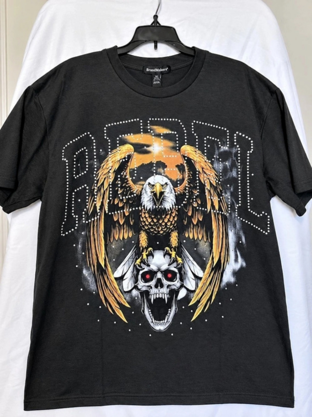 BrandMakers Rebel Eagle Skull Rhinestone Graphic T-Shirt Black Large